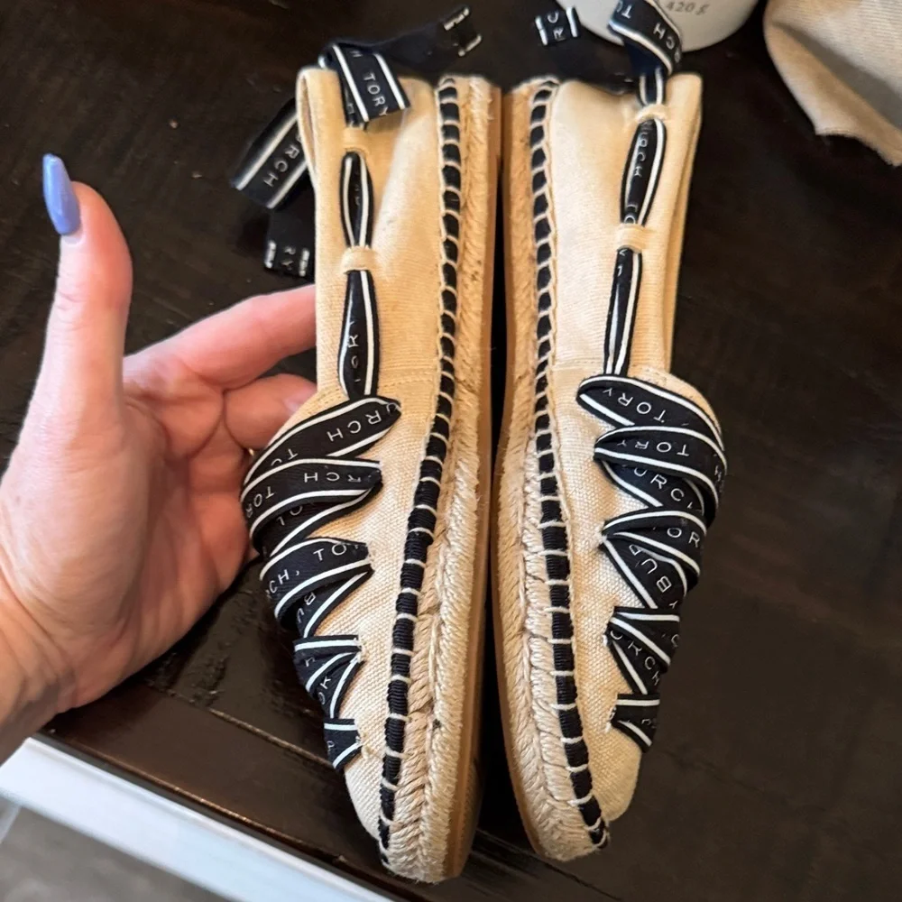 Tory Burch Cream Espadrilles with Black Logo Trim